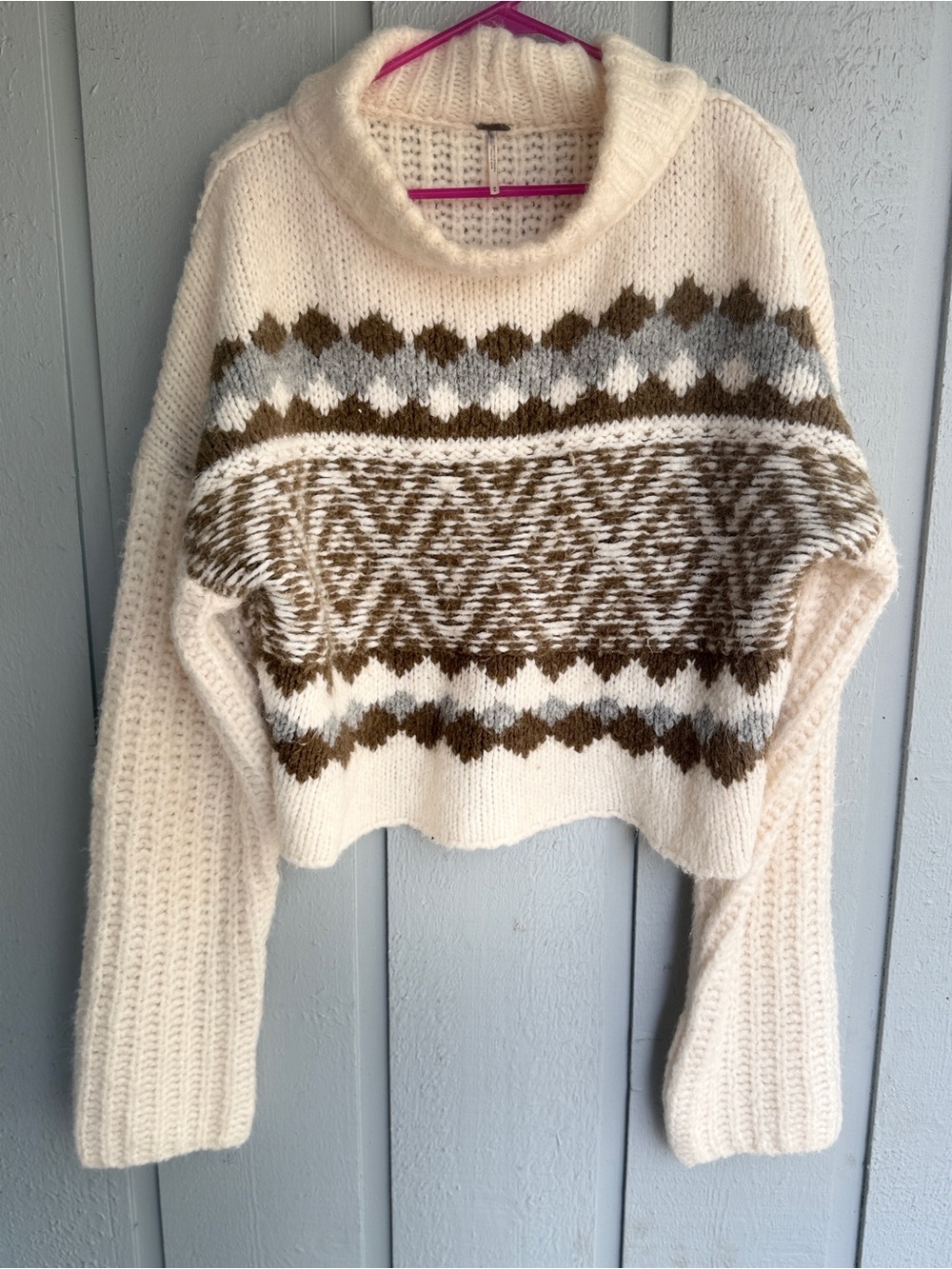 Free People Cream Fair Isle Cropped Turtleneck Sweater size Medium